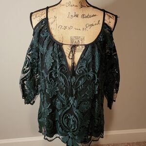 NWOT Karen Kane Green black lace top